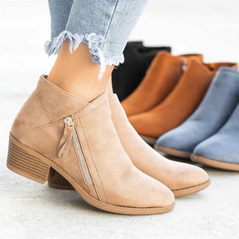 2023 automne nouvelles bottes pour femmes européennes et américaines bout rond fermeture à glissière latérale talon épais bottes en cuir pour femmes grande taille mode couleur unie_voghion.com