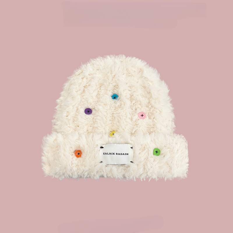Chapeau en peluche à boutons colorés rouges en maille de styliste pour l'automne et l'hiver, écharpe tricotée rouge en maille chaude pour la chaleur et l'épaississement, chapeau tricoté mignon_voghion.com