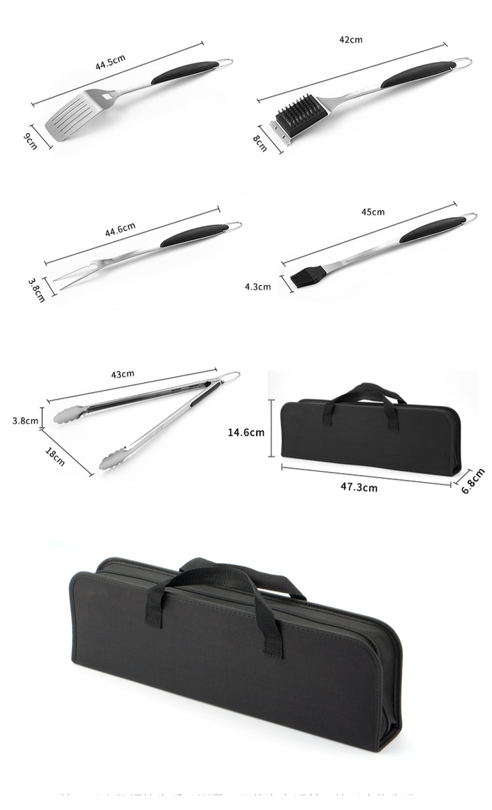 Set per barbecue da esterno, 5 pezzi, utensili per barbecue, forchetta, pala, clip, spazzola per la pulizia, utensili per barbecue in acciaio inossidabile._voghion.com