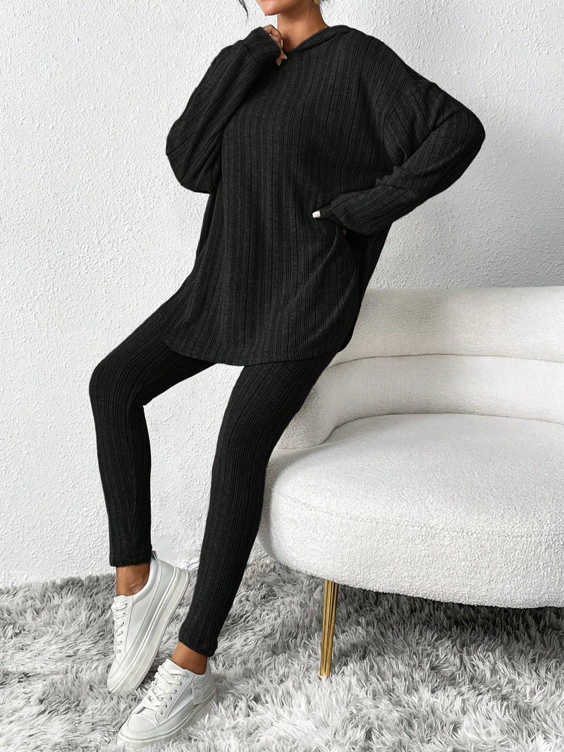 Geripptes, einfarbiges Langarm-Kapuzenoberteil und Leggings-Set in Übergröße, lässiges 2-teiliges Damen-Set mit hohem Stretchanteil_voghion.com