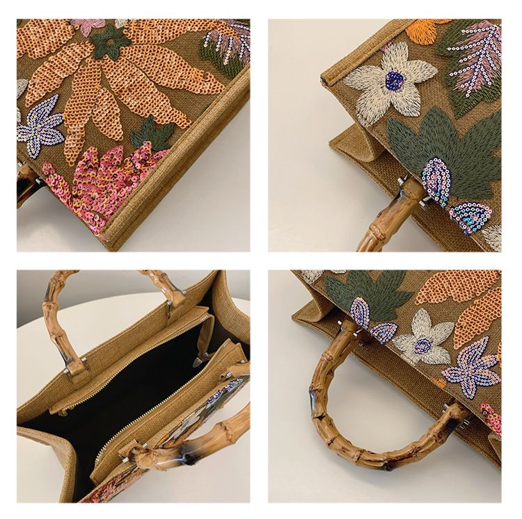 Borsa tote grande orizzontale con paillettes alla moda, borsa da donna in lino, grande capacità, borsa a mano in bambù ricamata_voghion.com