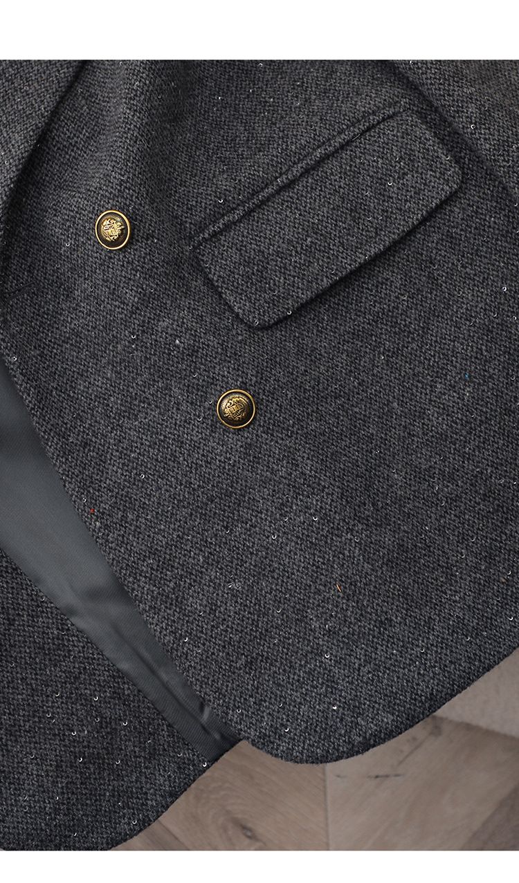 Blazer da donna in tweed misto lana per autunno inverno - Giacca da ufficio doppiopetto slim fit con revers a lancia (nero, marrone, rosso, grigio)_voghion.com
