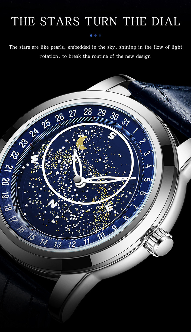 Montre mécanique automatique pour homme avec cadran étoilé rotatif, aiguilles lumineuses, étanche jusqu'à 30 m, fermoir en acier inoxydable, bracelet en cuir véritable_voghion.com