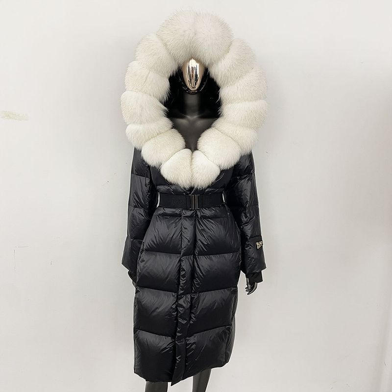Damenbekleidung Fuchspelzkragen, langer Taillengürtel, luxuriöser langer Daunenmantel mit Kapuze und Gürtel, elegante und warme Winterjacke für Damen_voghion.com