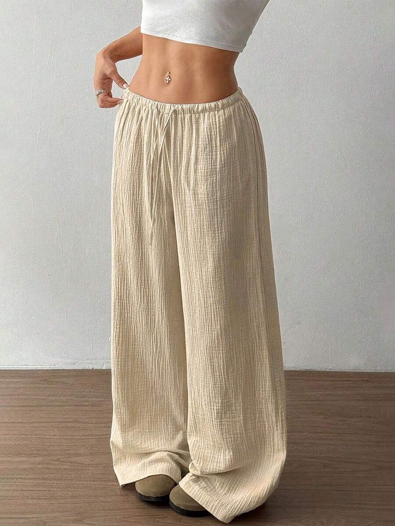 Elegant High-Waisted Wide-Leg Pants For Women - Soft Cotton Stretch Comfortable Casual Trousers With Drawstring Waist_voghion.com