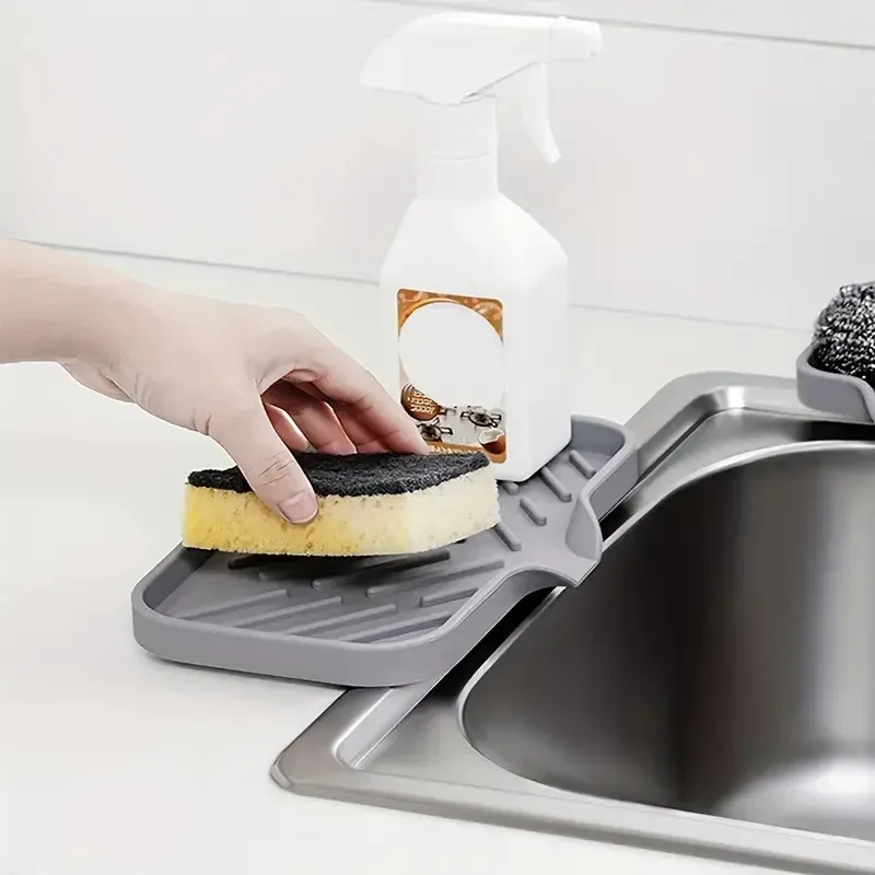 Silicone Sink Scrubber Holder Tray - Drain Sponge Soap Storage Rack Countertop Kitchen Organizer_voghion.com