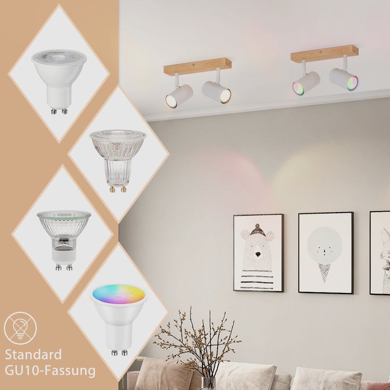 Glitzerlife Deckenstrahler Weiß Holz Deckenleuchte - Deckenlampe GU10 2 Flammig Flurlampe Modern Indoor Deckenspots Schwenkbar 350° Spotslight Für Küchen Korridor_voghion.com