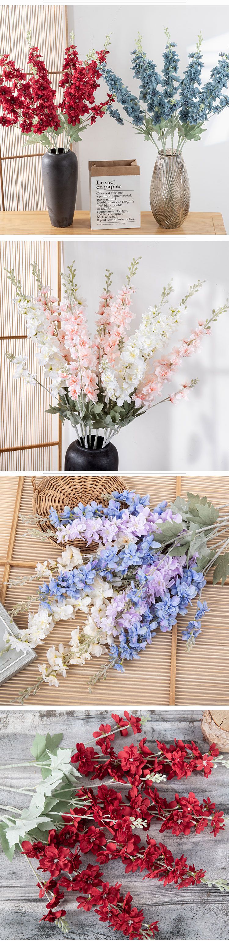 Simulação de delphinium flor decoração para casa casamento buquê de mão rosa parede_voghion.com