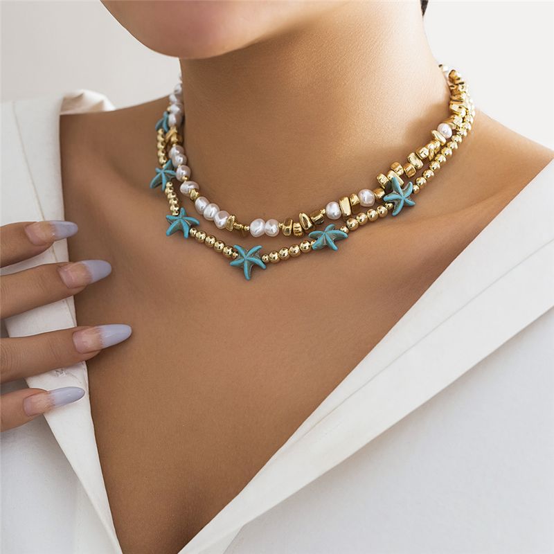 2 stk/sæt Boho Ocean Blue Starfish Star Perlekæde Halskæde til Kvinder Kpop Perle Choker Æstetisk Strand Y2K_voghion.com