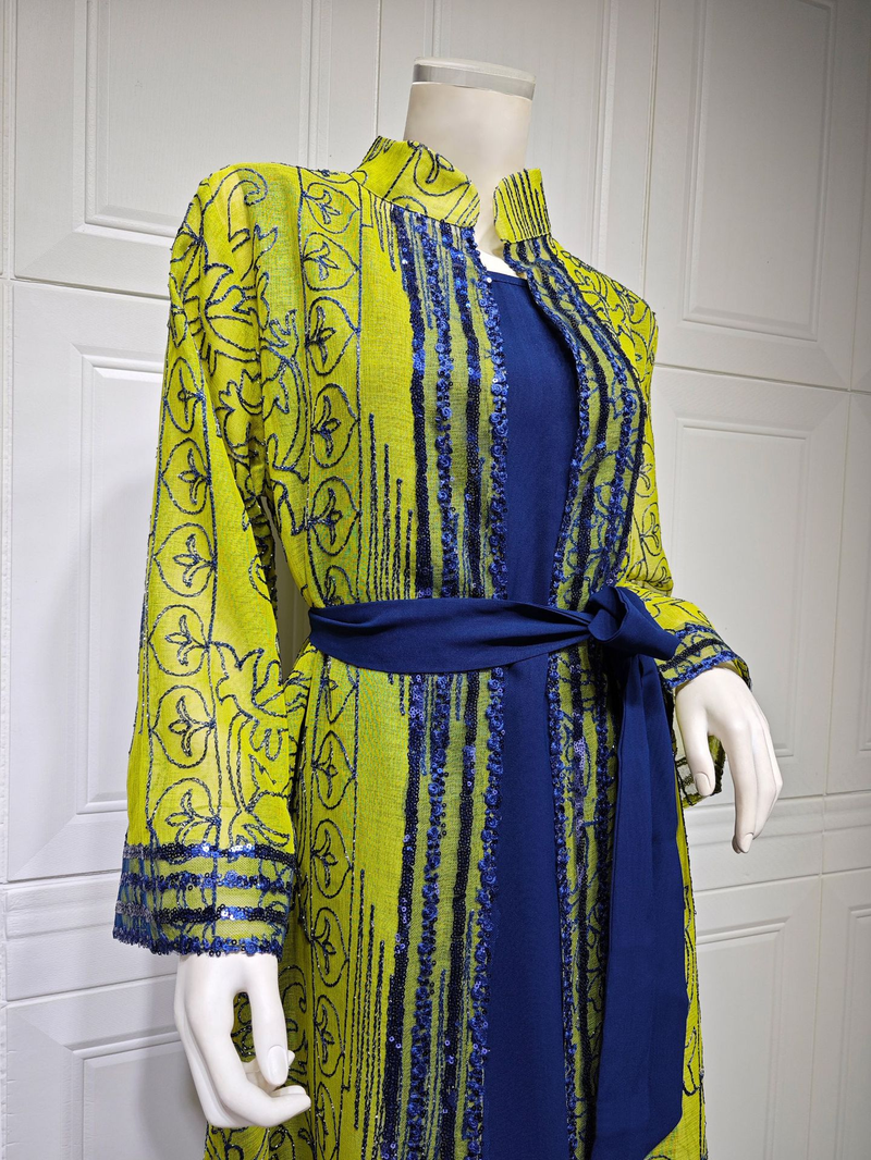 Damenbekleidung, Naher Osten, muslimische Robe, zweiteiliges Set mit Gürtel, Dubai-Kleid, elegante Strickjacke, langer Rock_voghion.com