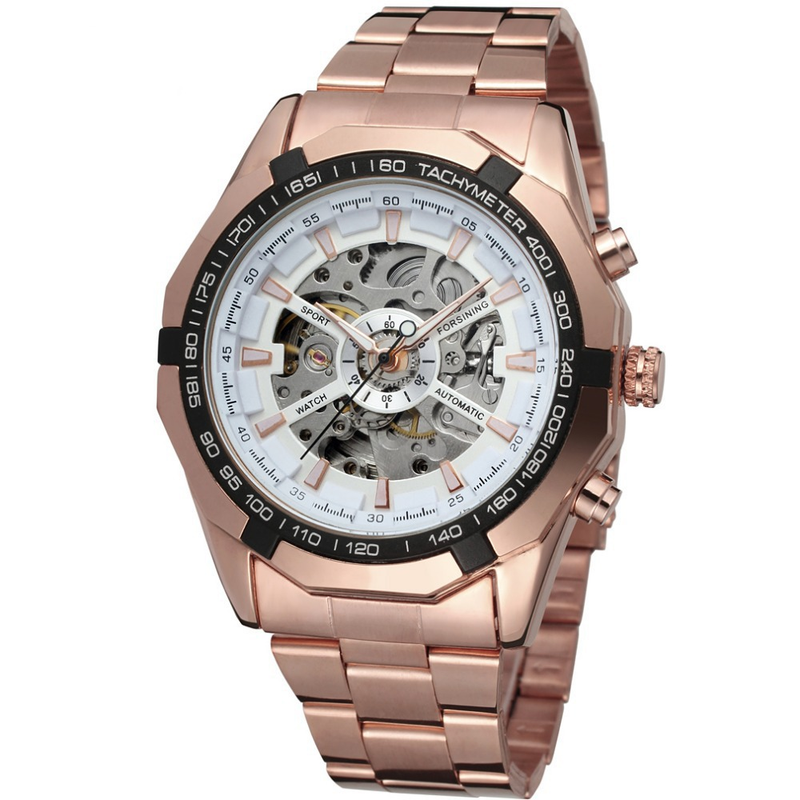 Forsining 340 Men's Automatic Mechanical Watch With Golden Stainless Steel Band, Chronograph & World Time Function, 46mm Round Case_voghion.com