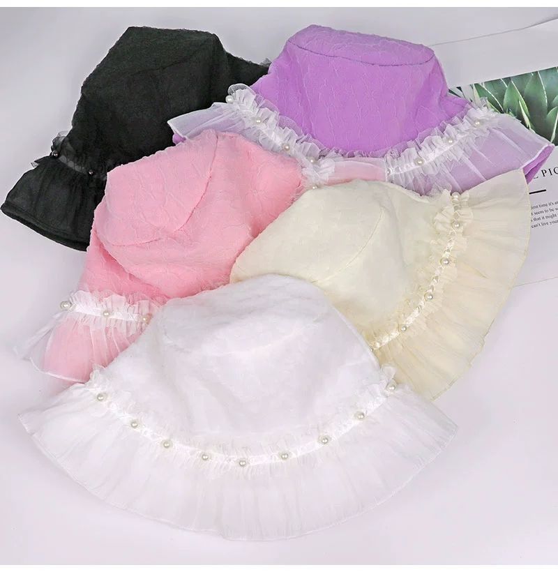 Pearl Mesh Pleated Fungus Edge Hat Women's Wide-brimmed Bucket Hat Outing Basin Hat Summer Breathable Sun Hat_voghion.com
