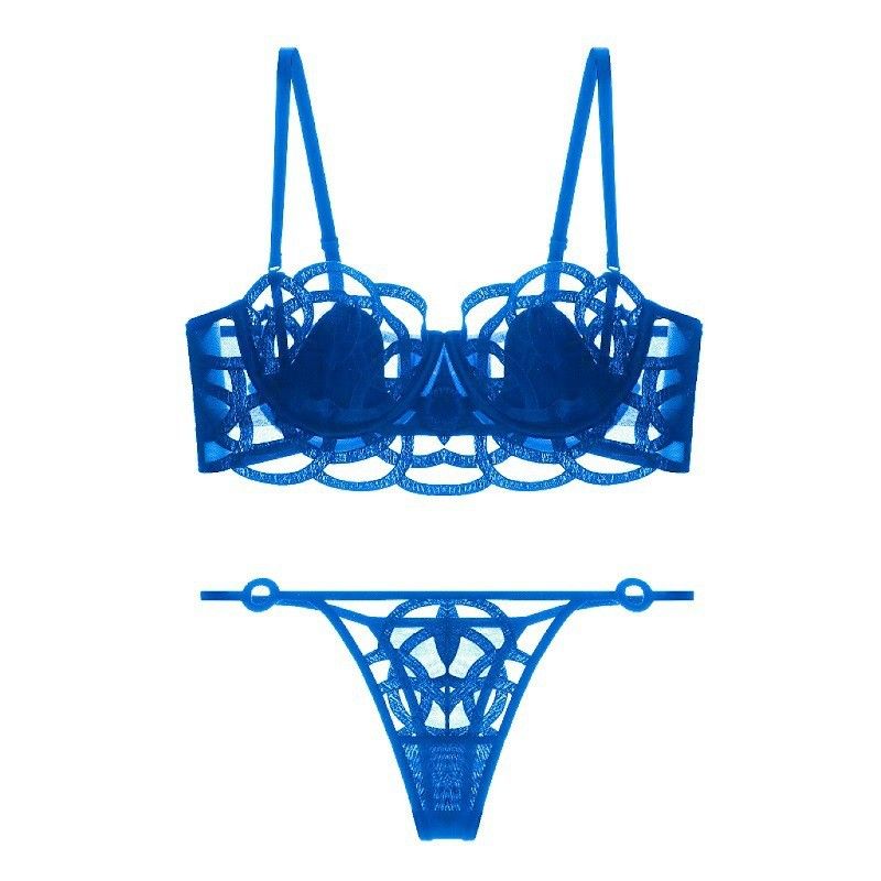 Conjunto de sujetador de lencería francesa para mujer, de malla fina y sexy, con gran pecho y una pequeña colección de pechos laterales fruncidos._voghion.com