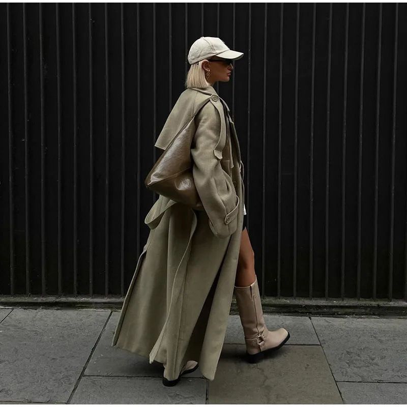 "Elegante cappotto lungo in lana da donna - Trench con cintura e collo a revers, vestibilità oversize, caldo capospalla invernale, elegante e comodo"_voghion.com