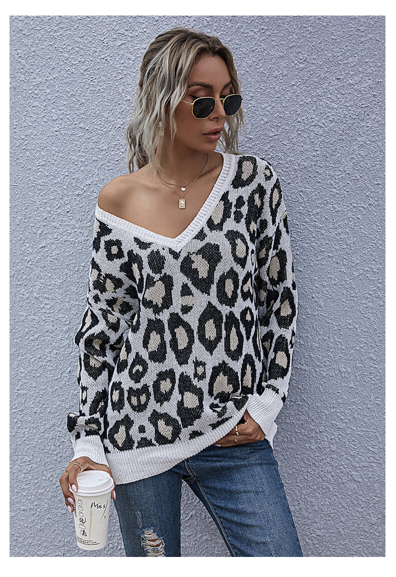 Gestrickter Pullover mit Leopardenmuster und V-Ausschnitt_voghion.com