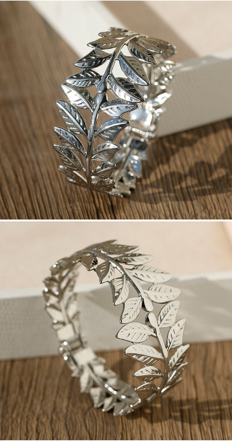 Pulseira de metal com folha oca aberta, estilo europeu e americano, personalidade da moda, pulseira larga de primavera com folha esculpida e flor feminina_voghion.com