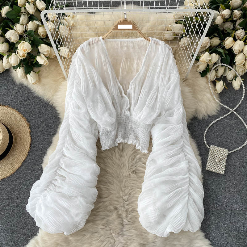 Women's niche, pleated puff sleeves, slim, short, fashionable, blogger, versatile chiffon shirt_voghion.com