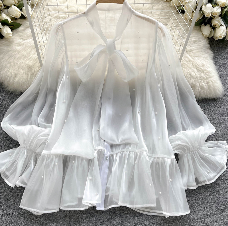 High-End-Nischen-Design Perlen Schleife Glocke Ärmel Shirt Herbst Damen Ladylike Shirt_voghion.com