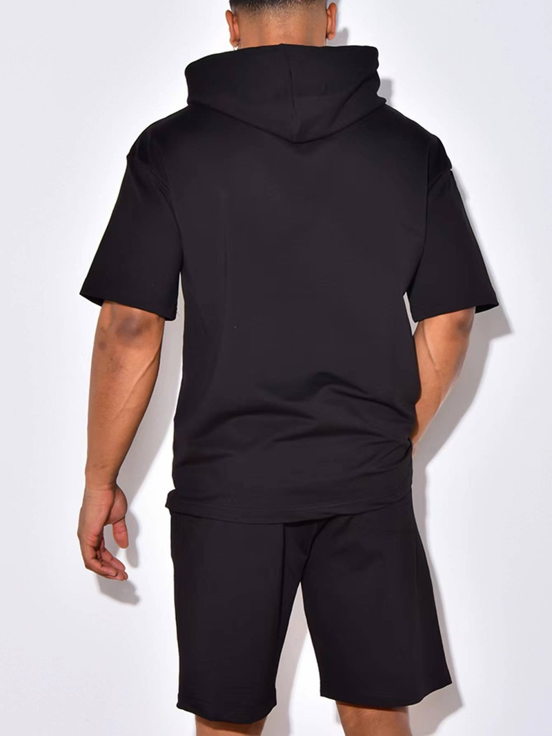 Nuovo prodotto 2025, abbigliamento sportivo casual da uomo europeo e americano, a maniche corte e pantaloncini, con cappuccio, tinta unita, due pezzi_voghion.com