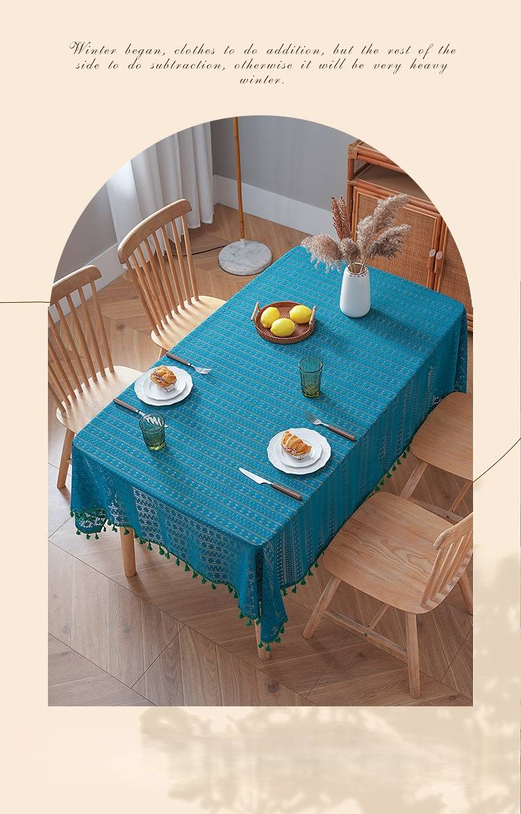 Luxuriöse geometrische Tischdecke – ölbeständig, hitzebeständig, rutschfeste Esstischdecke für Zuhause und Café (100 x 150 cm bis 150 x 300 cm, Marineblau mit Quasten)_voghion.com