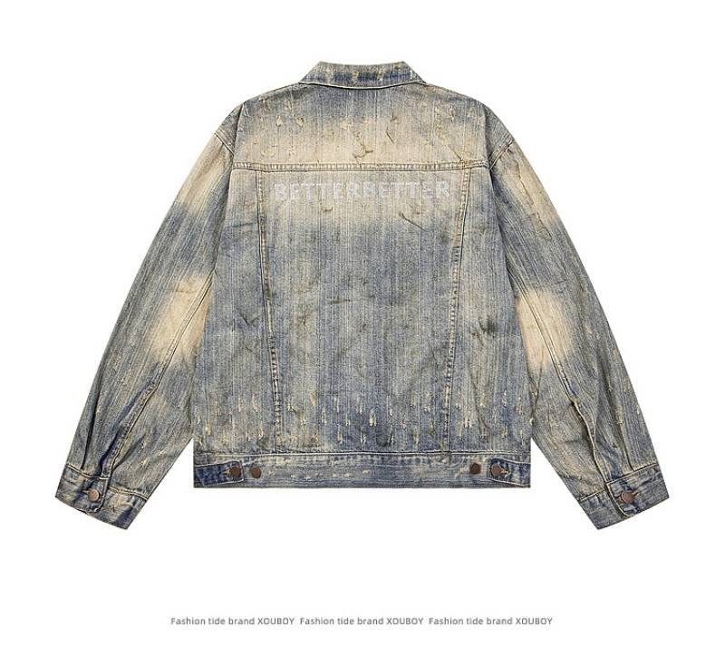 Vintage Washed Distressed Denim Jacke - Streetwear Boxy Fit mit Bambusstruktur & Schlammfarbe für den Cleanfit-Stil von Herren_voghion.com