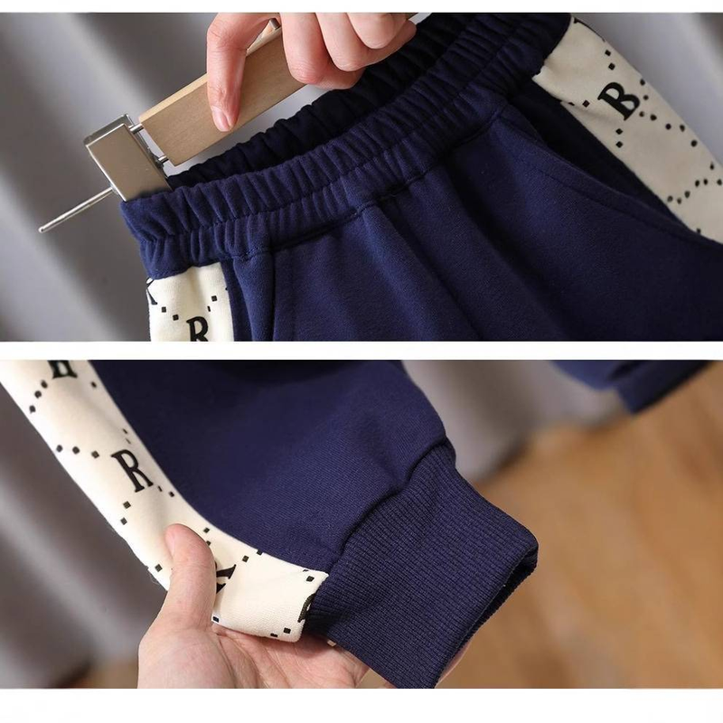 Mother & Kids Boys' Winter Fleece Tracksuit Set With Stand Collar - Cozy Two-Piece Outfit For Kids (3-8 Years, 100-140cm) - Blue & Beige Letter_voghion.com