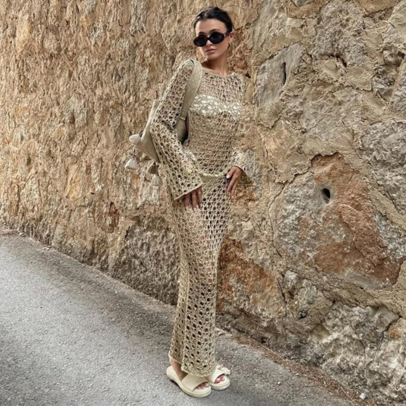 Copricostume da spiaggia sexy da donna in maglia con maniche lunghe, schiena scoperta e lacci - Copricostume da bagno boho chic per le vacanze estive_voghion.com