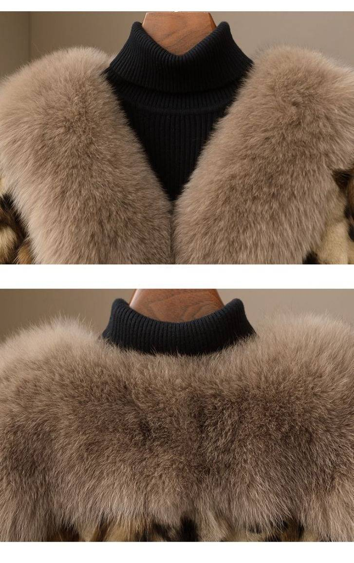 Luxus-Fuchspelzmantel, Damenmode, V-Ausschnitt, Leopardenmuster, Jacke, elegante, lässige Oberbekleidung für Herbst und Winter_voghion.com