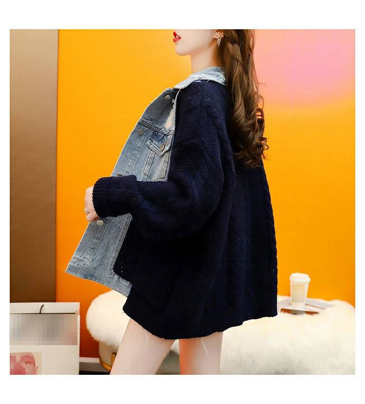 Women's Loose Knit Cardigan With Denim Patchwork - Casual Long Sleeve Polo Collar Pullover In Cream & Black (One Size)_voghion.com
