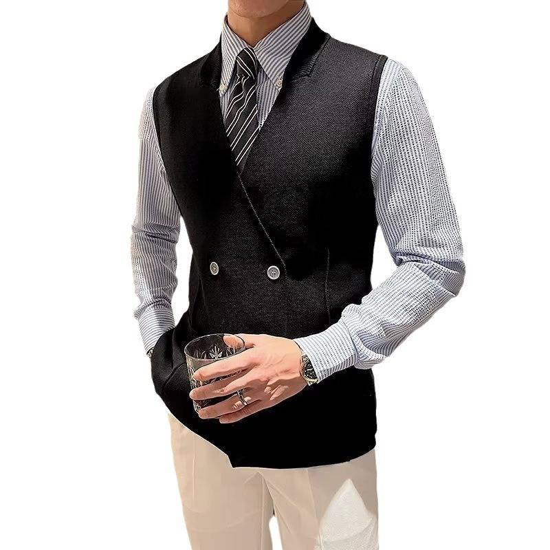 Herren-Slim-Fit-Wollweste – Zweireihig & V-Ausschnitt (ärmellose Strickweste mit Streifenmuster zum Überziehen)_voghion.com