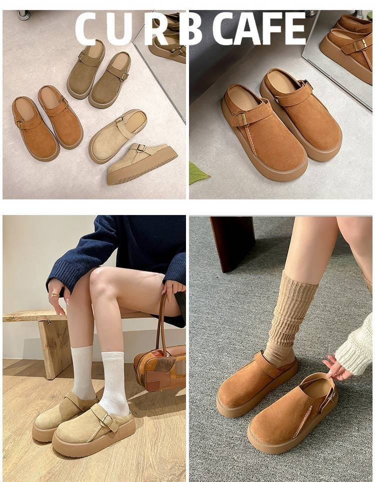 Women's Shoes Chunky Buckle Sandals With Round Toe - Soft Suede Leather Upper & Breathable Cork Footbed - Slip-On Mule Design For Everyday Comfort_voghion.com
