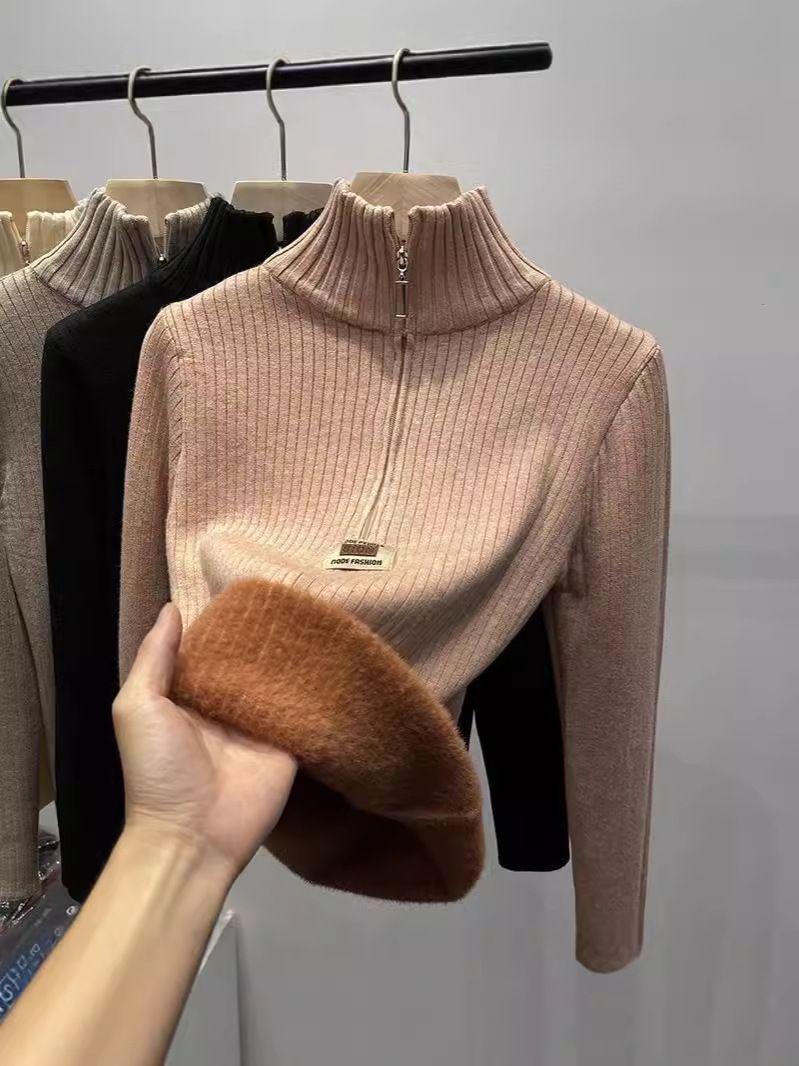 Suéter feminino de malha com forro de lã – Camada de base térmica com gola semi-tartaruga (bege/marrom/branco/rosa/azul/preto) para uso em camadas de outono e inverno_voghion.com
