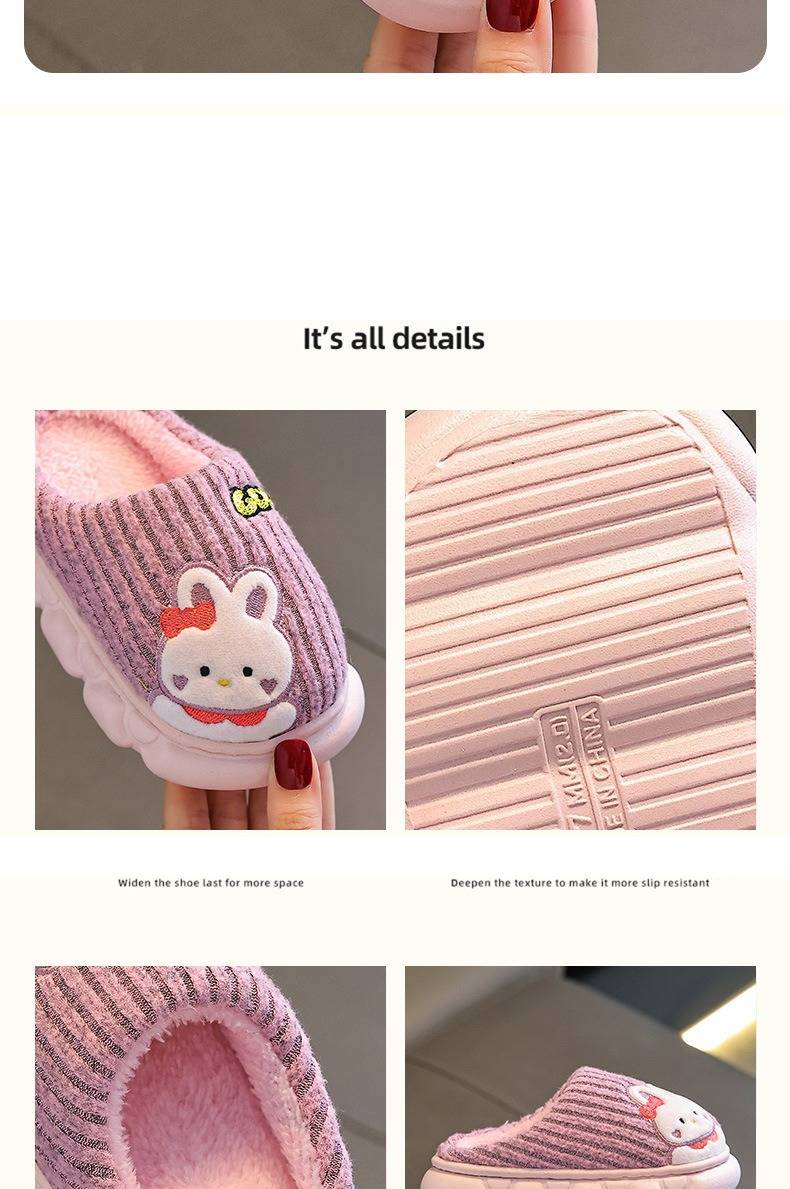 Pantufas de inverno infantis com forro de pelúcia - Pantufas aconchegantes com estampa de animais para meninos e meninas (coelho rosa, capivara, dinossauro verde, pato cinza)_voghion.com