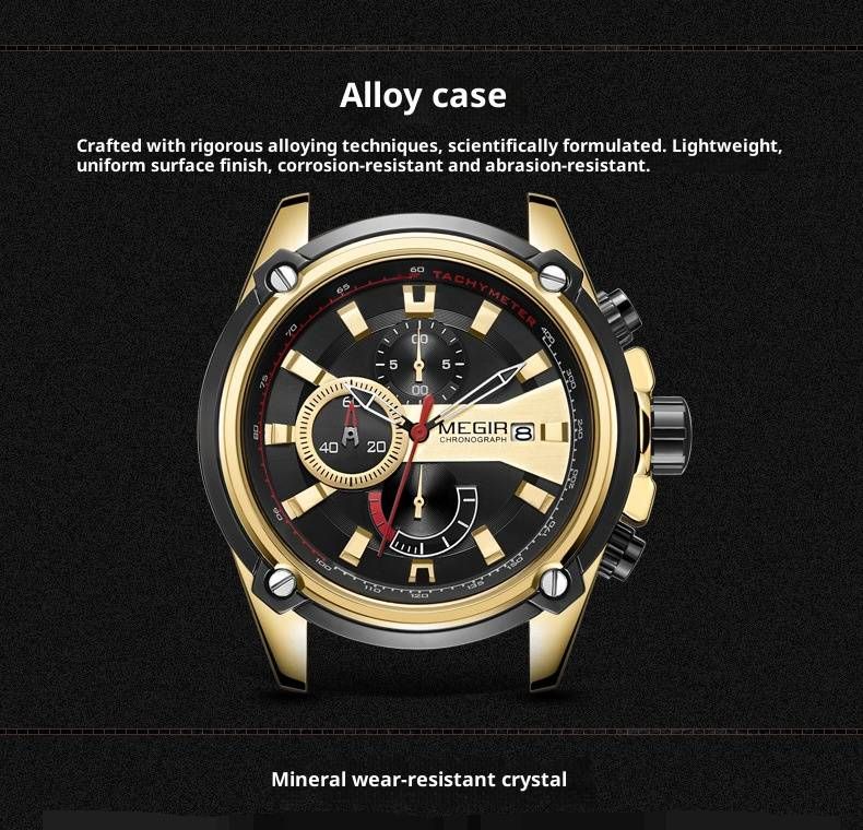 Orologio cronografo sportivo da uomo – Display della data, lancette luminose, impermeabile fino a 30 m, cinturino in silicone (quadrante nero/acciaio/oro, movimento al quarzo LD57)_voghion.com