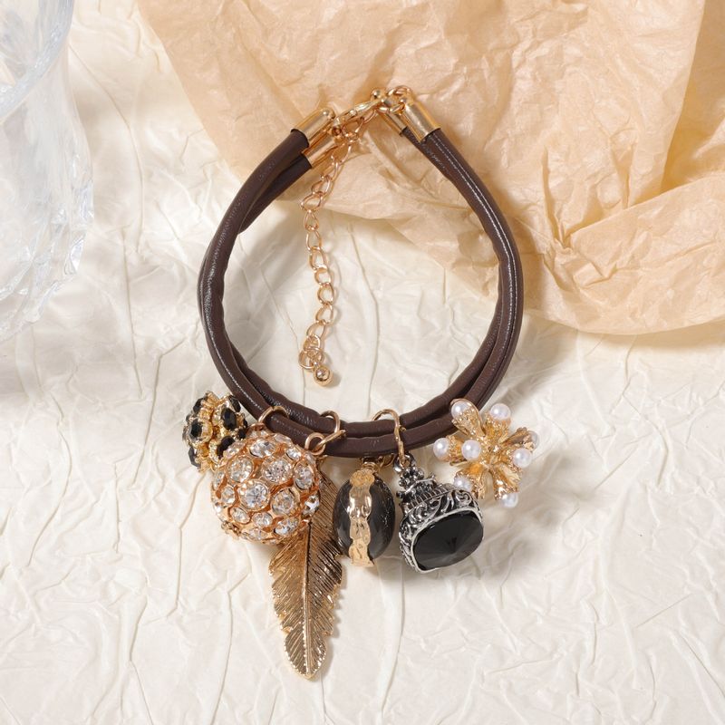 ZA Exquisite Fashion Design Double Layer Alloy Inlaid Zircon Geometric Sphere Leaf Pendant Women's Casual Bracelet_voghion.com