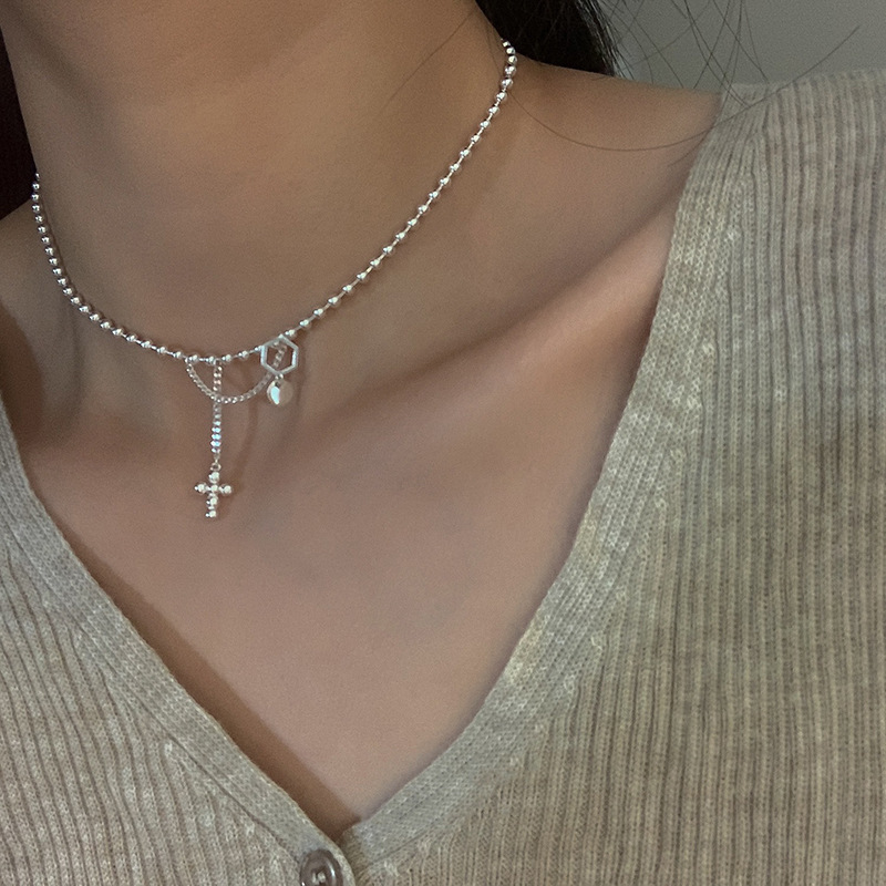 Sterli VENUS Sie Bead Cross Tassels Necklace For Women Girl Simple Choker Korean Jewelry Birthday Gift_voghion.com