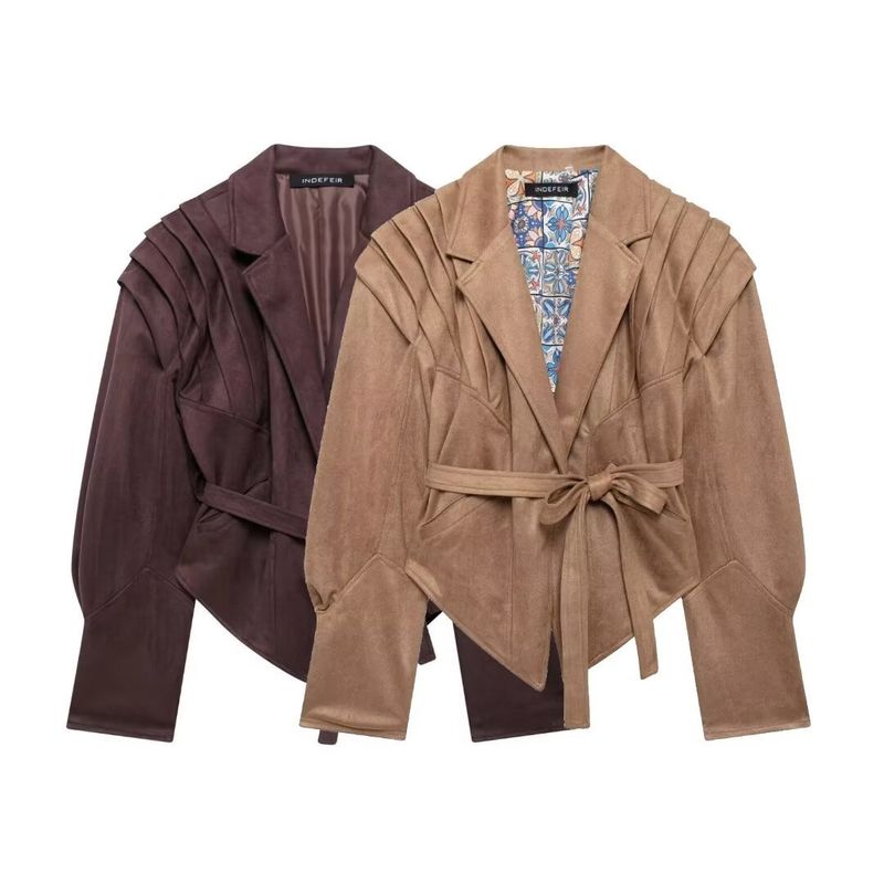 Women's Fashion Belted Cropped Jacket - Streetwear Style With Adjustable Waist Tie - Suede & Polyester Blend - Short Outerwear For Fall & Winter_voghion.com