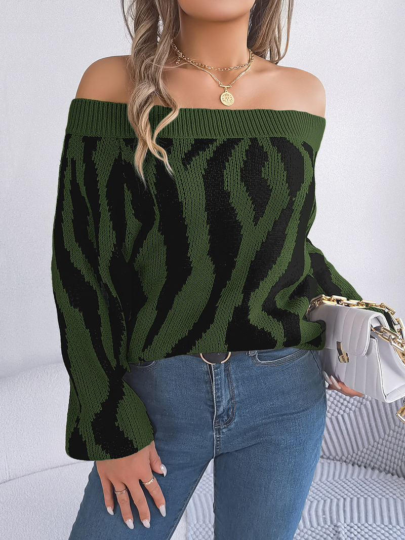 2023 Herbst Winter Casual Color-Block Off-Shoulder Laterne Ärmel Pullover Damenmode_voghion.com