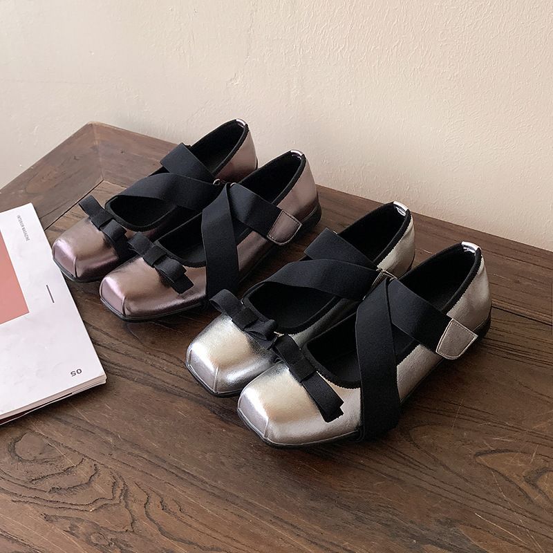Genuine Leather Ballet For Women 2025 Spring Summer Cross Strap British Style Square Toe Bowknot Mary Jane Single Shoes_voghion.com