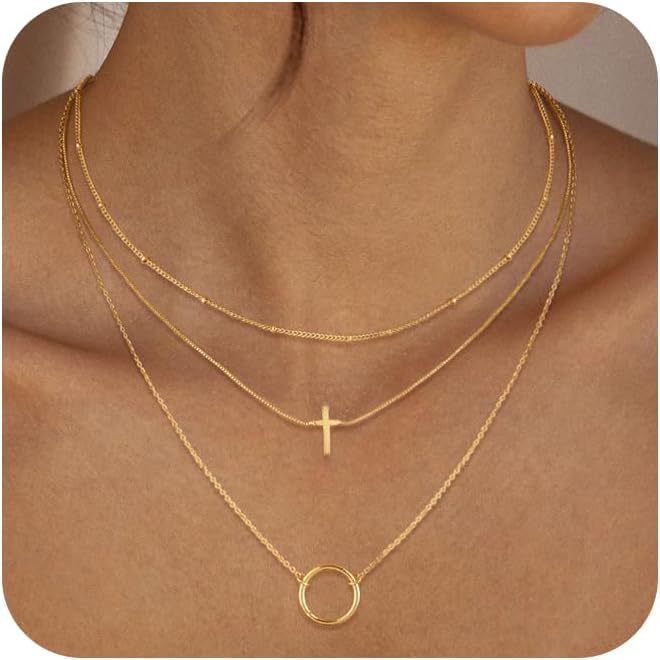 Geometric Circle Cross Square Pendant Pearl Beaded Paperclip Cuban Snake Chain Multi-layer Necklace Set_voghion.com