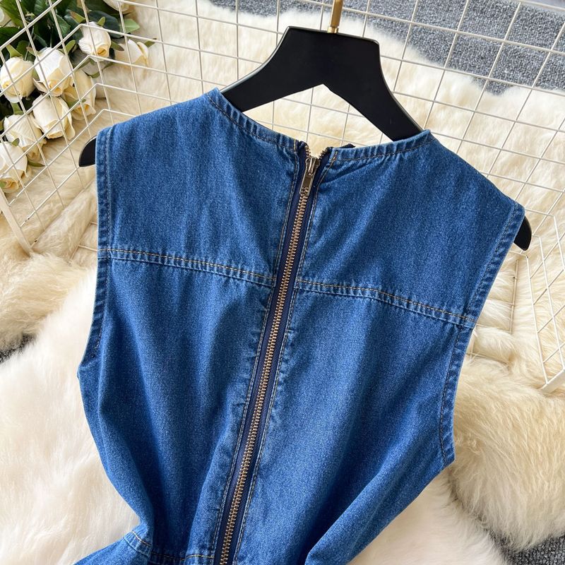 Damenbekleidung Ärmellose Weste Jeansrock Taillenformung Schwere Perlen Einreihiges Plisseekleid_voghion.com