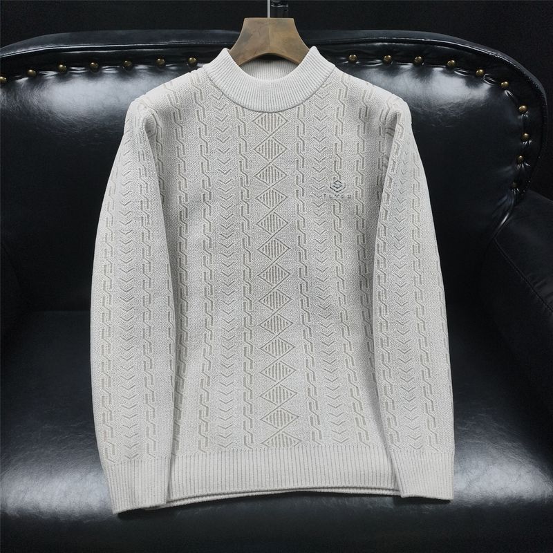 Pull en grosse maille pour homme - Pull d'hiver en maille torsadée avec col rond, manches longues, coupe oversize, blanc et beige (tailles M à 3XL)_voghion.com