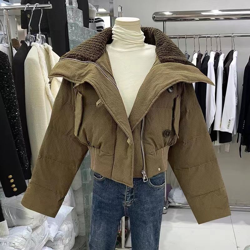 Parka invernali spessi e caldi da donna, alla moda coreana, in maglia, con collo grande, corti, in cotone, stile streetwear, versatili, con cerniera._voghion.com