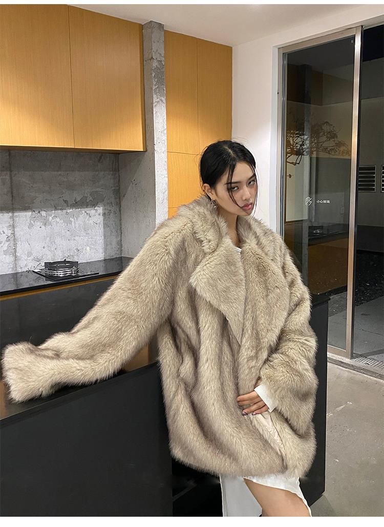 Women's Clothing Luxury Faux Fox Fur Coat Women's Longline Casual Oversized Lapel Plush Jacket - Coffee Tip / White With Yellow Tip_voghion.com