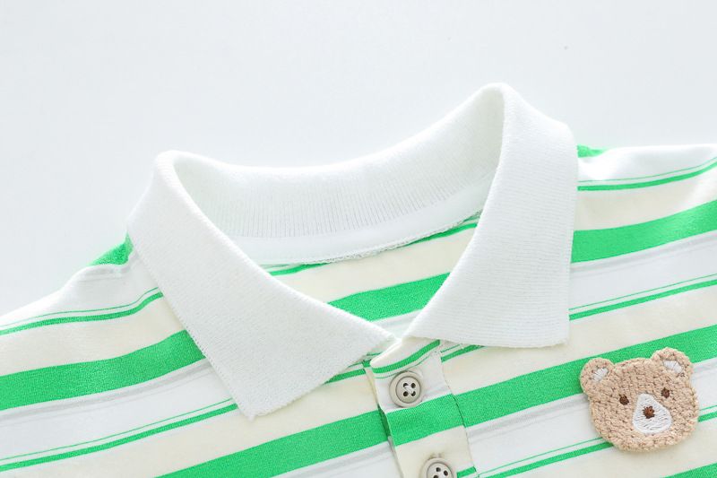 Children's Striped Embroidered Teddy Bear Short Sleeved Set, Trendy 1-4 Year Old New 2024 Summer Boys' Clothing_voghion.com