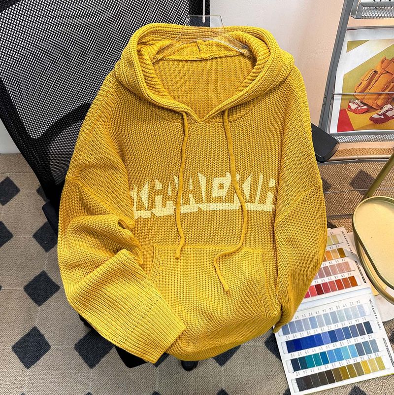 Unisex Vintage Hooded Knit Sweater – Retro Cotton-Blend Pullover With Oversized Fit, Warm & Breathable (Yellow/Brown) M-2xl_voghion.com