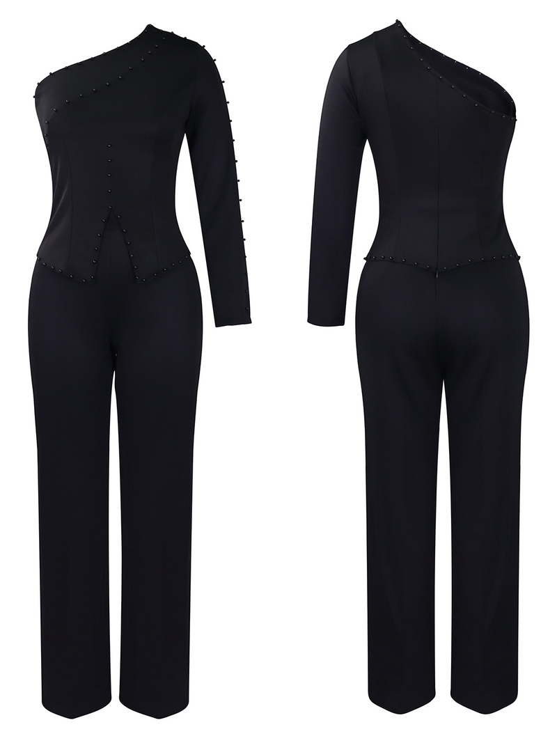 Women's style oblique shoulder beading OL Tongle two-piece set large size_voghion.com