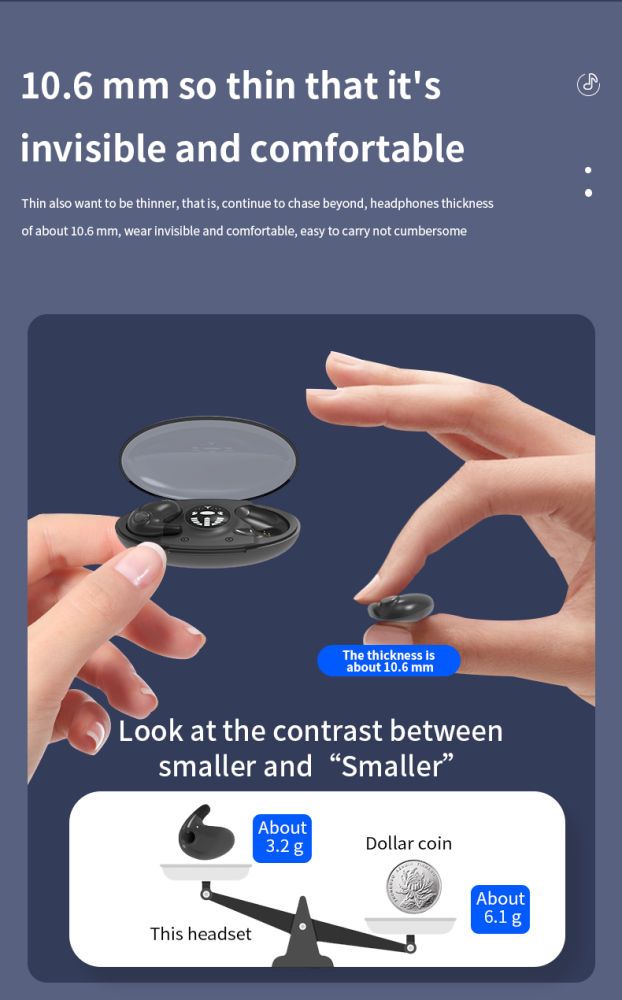 Bluetooth-Kopfhörer, kabellose In-Ear-Kopfhörer, ultradünne Mini-Ohrhörer zum Schlafen, HiFi-Klang, Geräuschunterdrückung_voghion.com