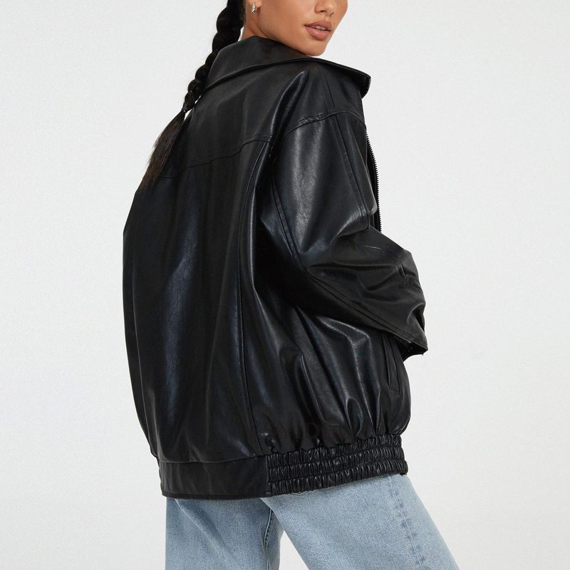 Giacca in stile motociclista, con colletto rovesciato, orlo elastico, cerniera, cappotto in pelle PU_voghion.com