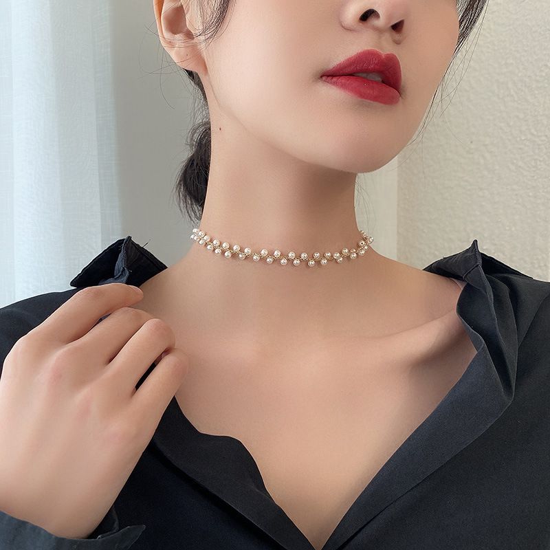 Collana girocollo con catena di perle corta coreana cyberpopolare, catena di clavicola, collana di moda con catena di perle di cristallo_voghion.com